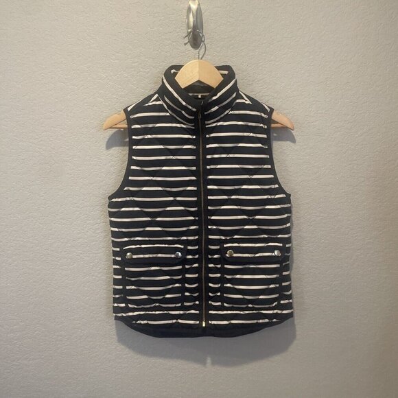J.Crew Navy Blue White Stripe Zip Quilted Puffer Vest Down Snap Pocket Sz Xsmall - Picture 2 of 10